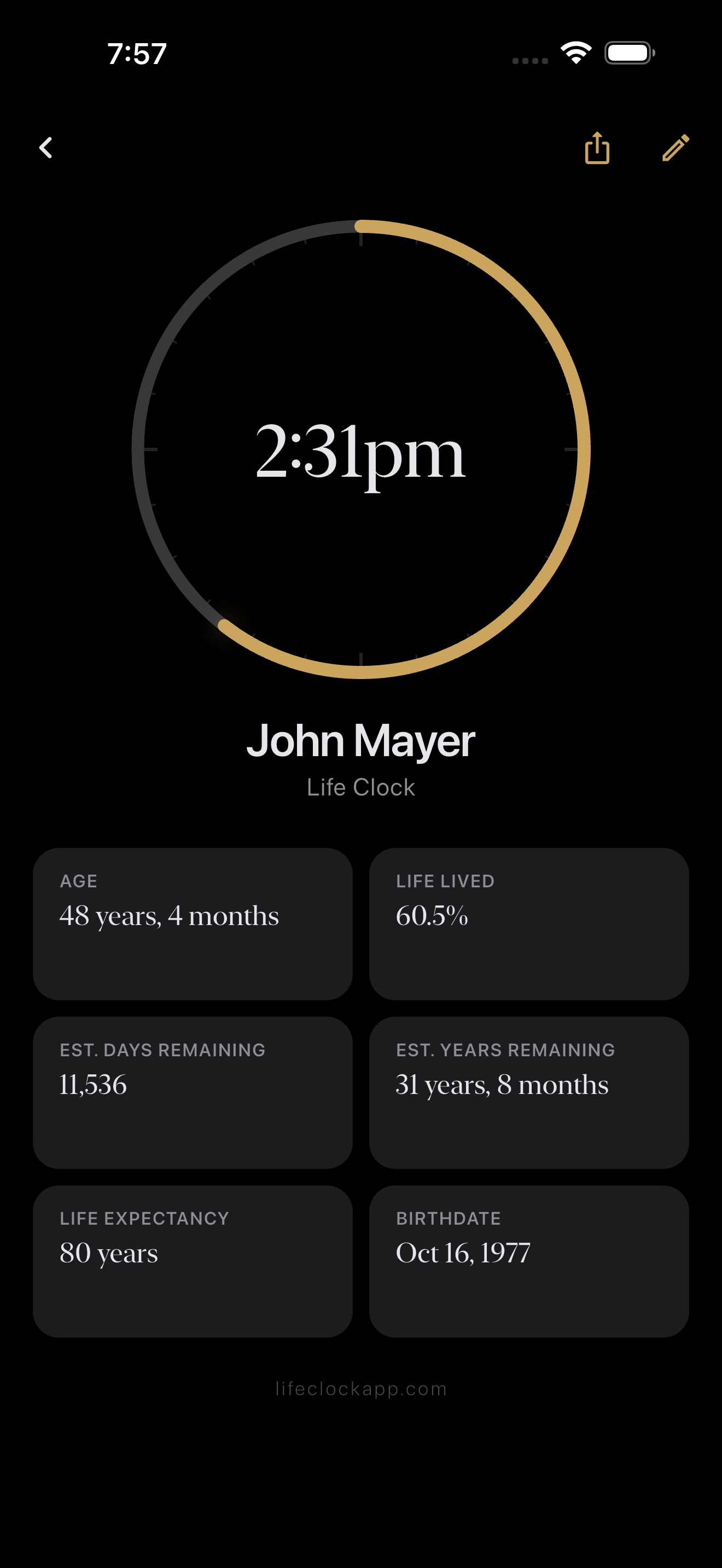 Life Clock detail view